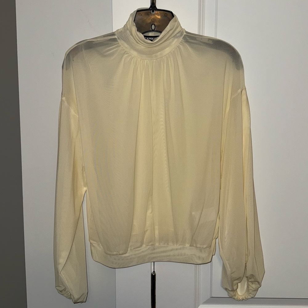 Cream turtleneck banded bottom mesh blouse. Express size extra small.